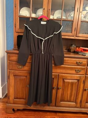 Vintage 80s Donna Morgan Sheer Midi Dress White Trim Capelet Statement Collar